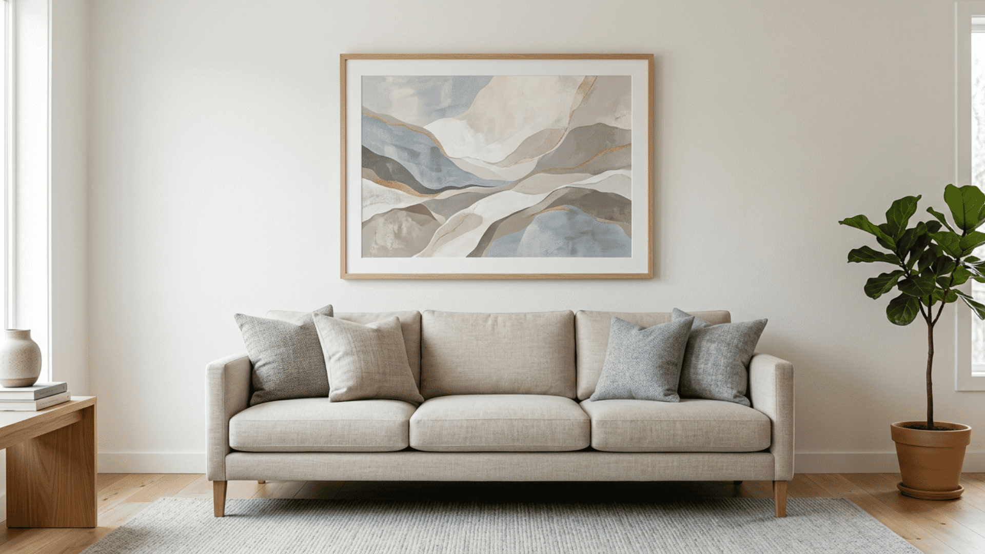Large framed artwork sized to fit above a sofa