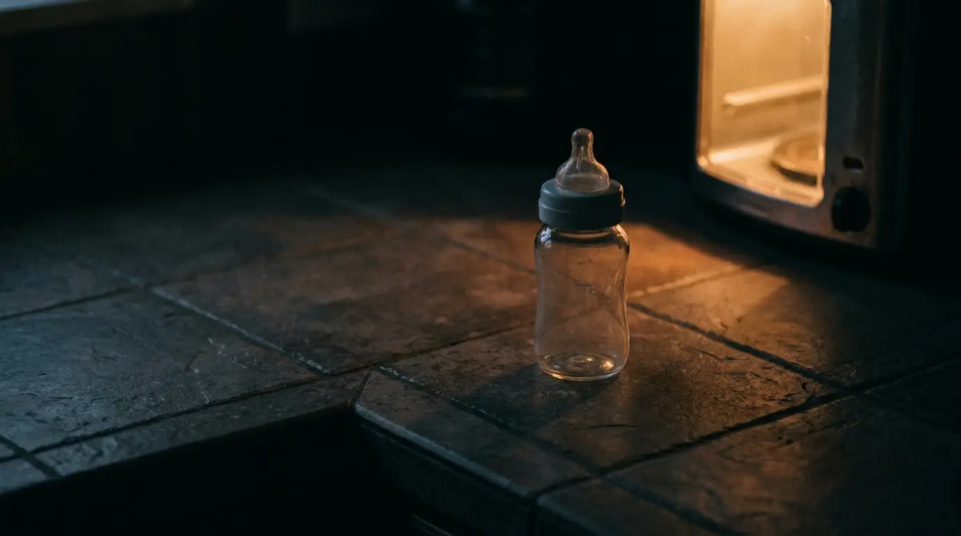 Baby bottle on dimly lit kitchen counter near toaster oven