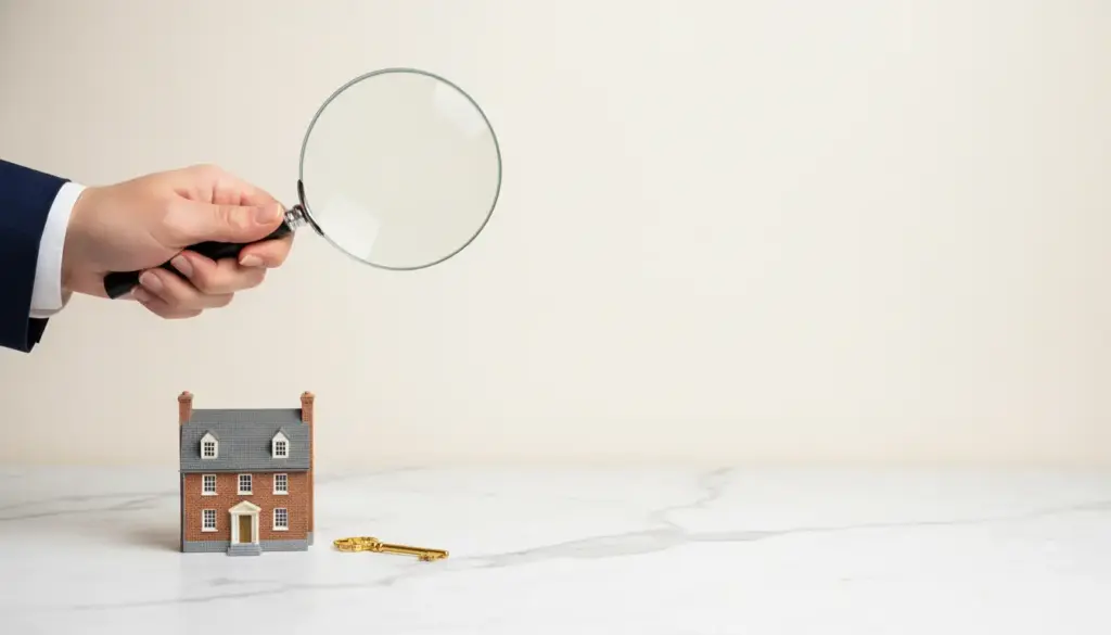 Hand holding magnifying glass examining miniature house model on marble surface