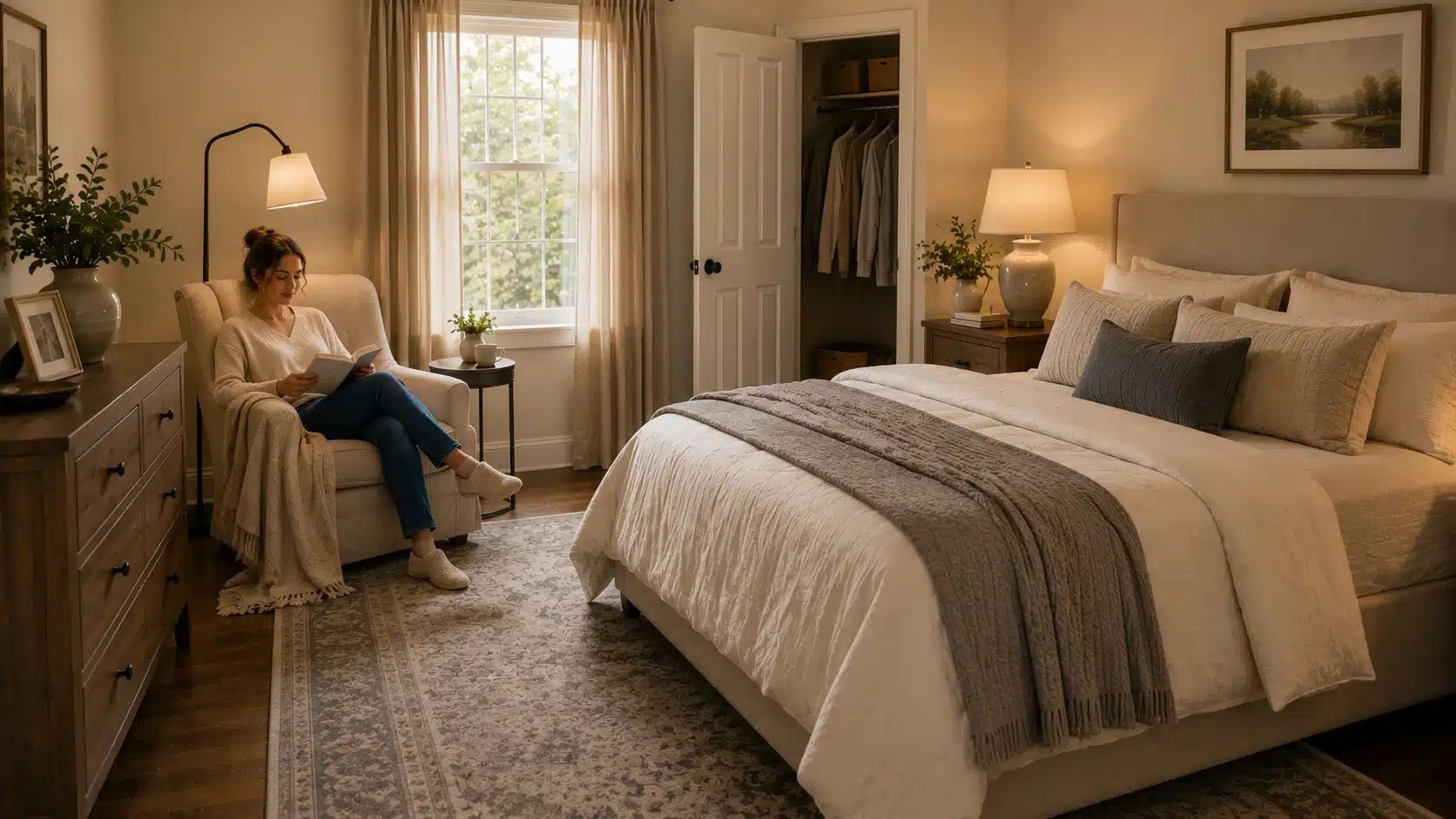bedroom corner reading chair with small table lamp clear path to bed and calm neutral decor