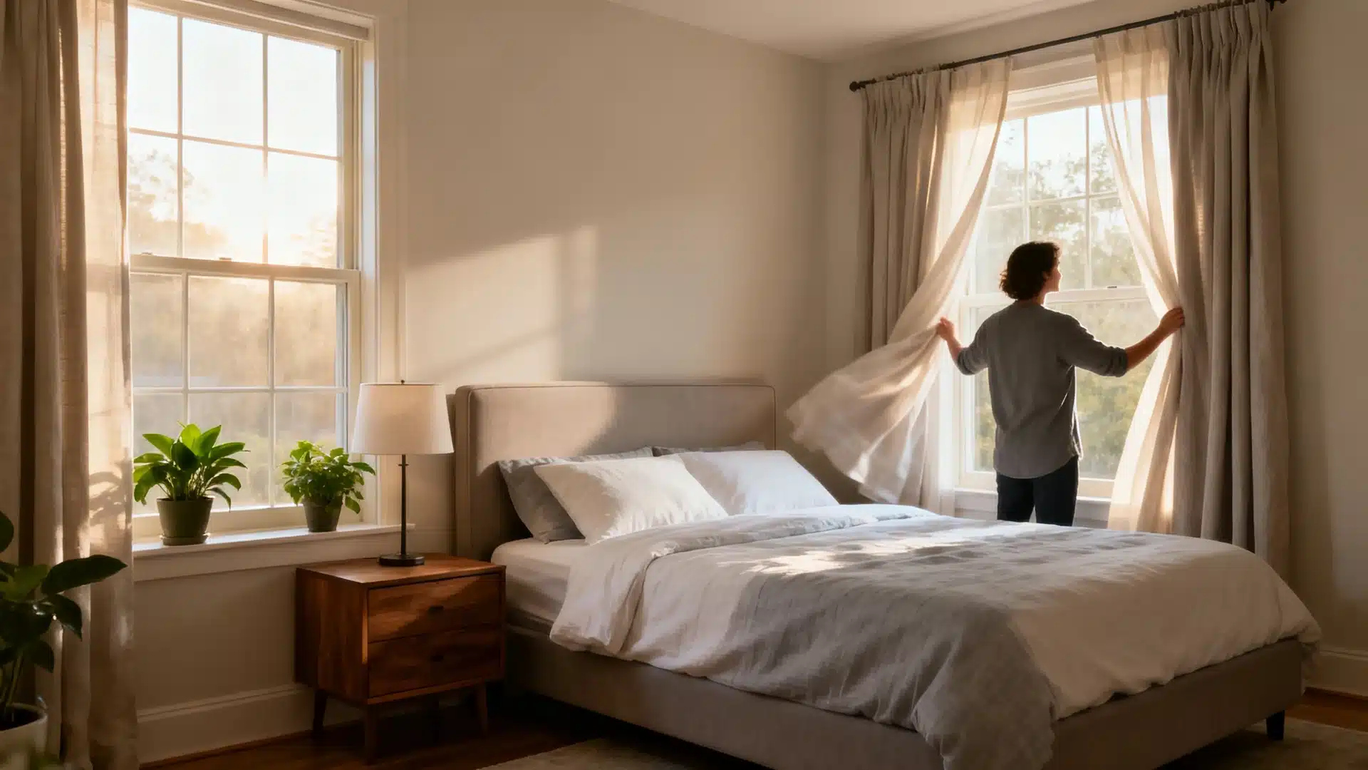 bedroom layout with bed near windows low furniture open curtains and soft natural morning light