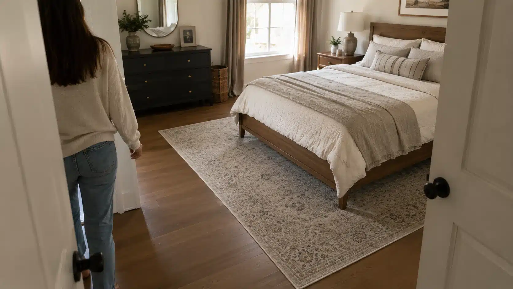 bedroom layout with bed visible from doorway clear entrance path and storage along side wall