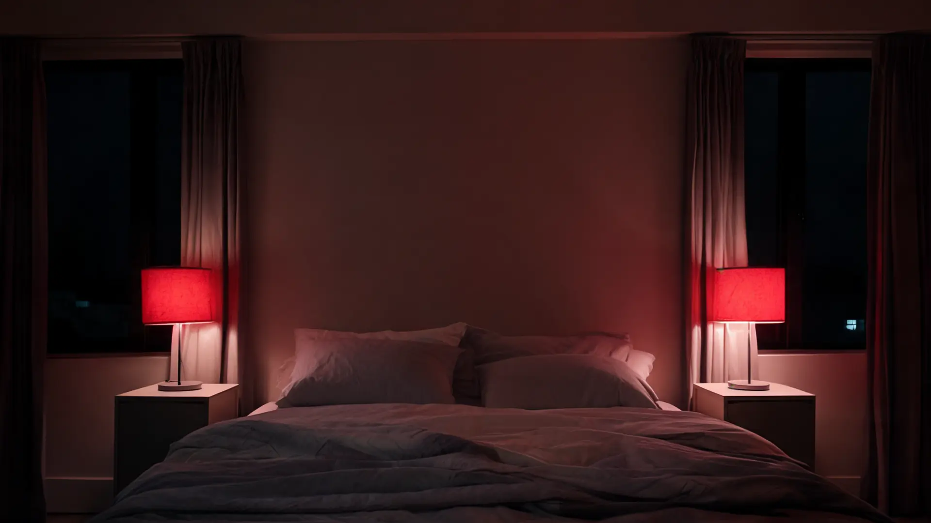 bedroom lit with red lamps, neutral walls, calm and sleep-friendly environment at night