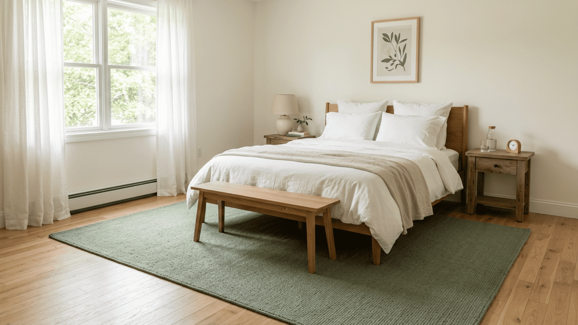 Bright neutral bedroom with a sage green rug, white bedding, and natural wood furnishings.