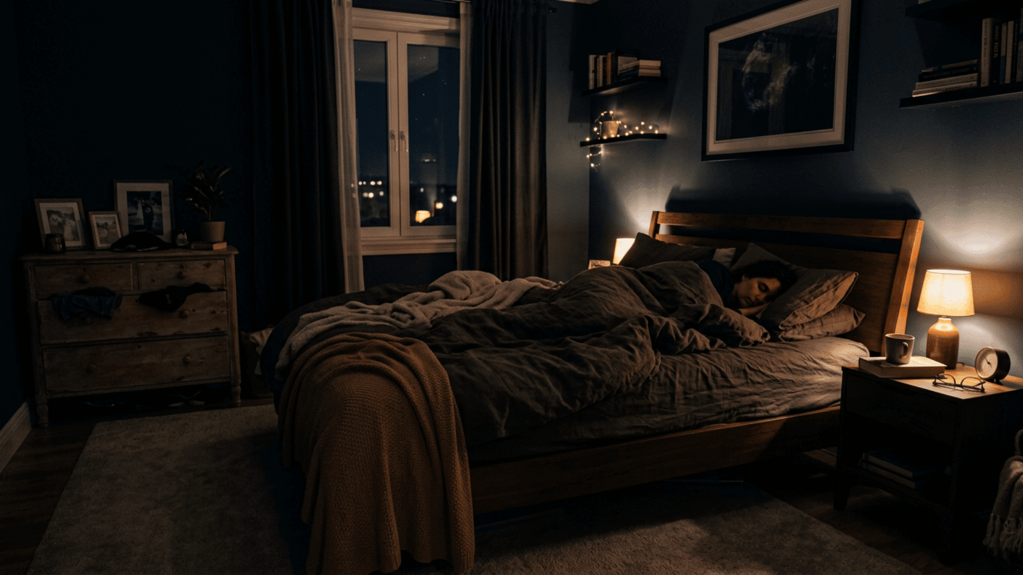 image shows cozy bedroom with dim lights at night