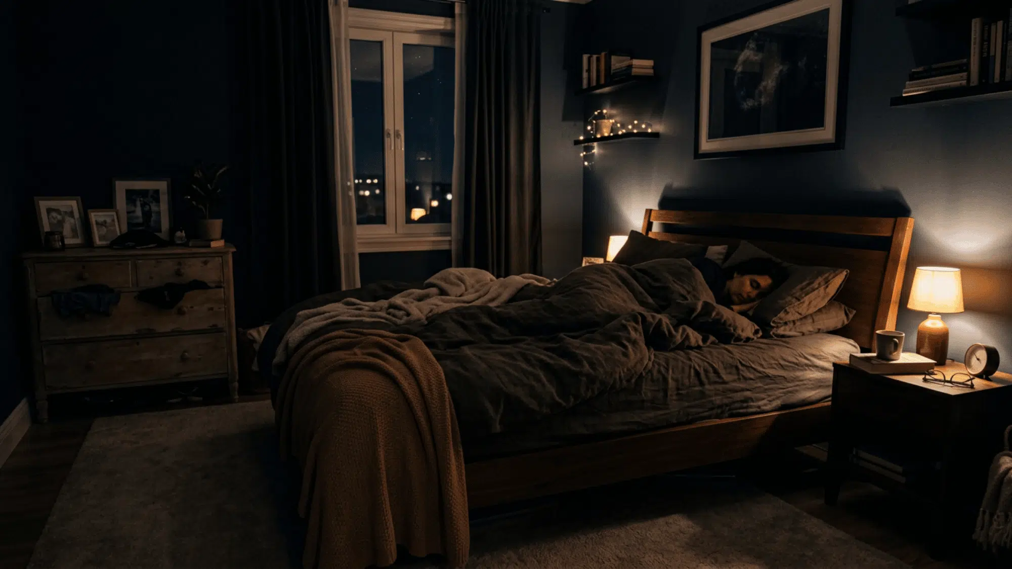 image shows cozy bedroom with dim lights at night