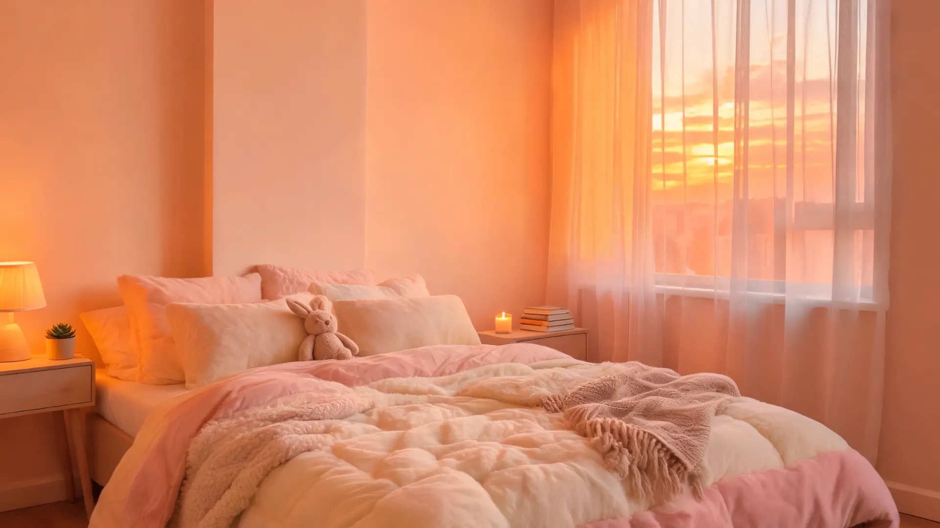 bedroom with amber and orange lighting, pastel walls, cozy and calming sleep atmosphere
