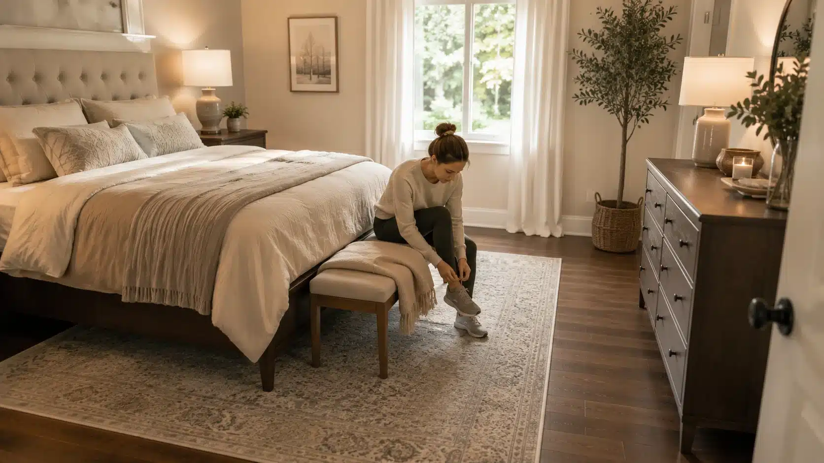 bedroom with bench at foot of bed clear footpath dresser clearance and person sitting on bench