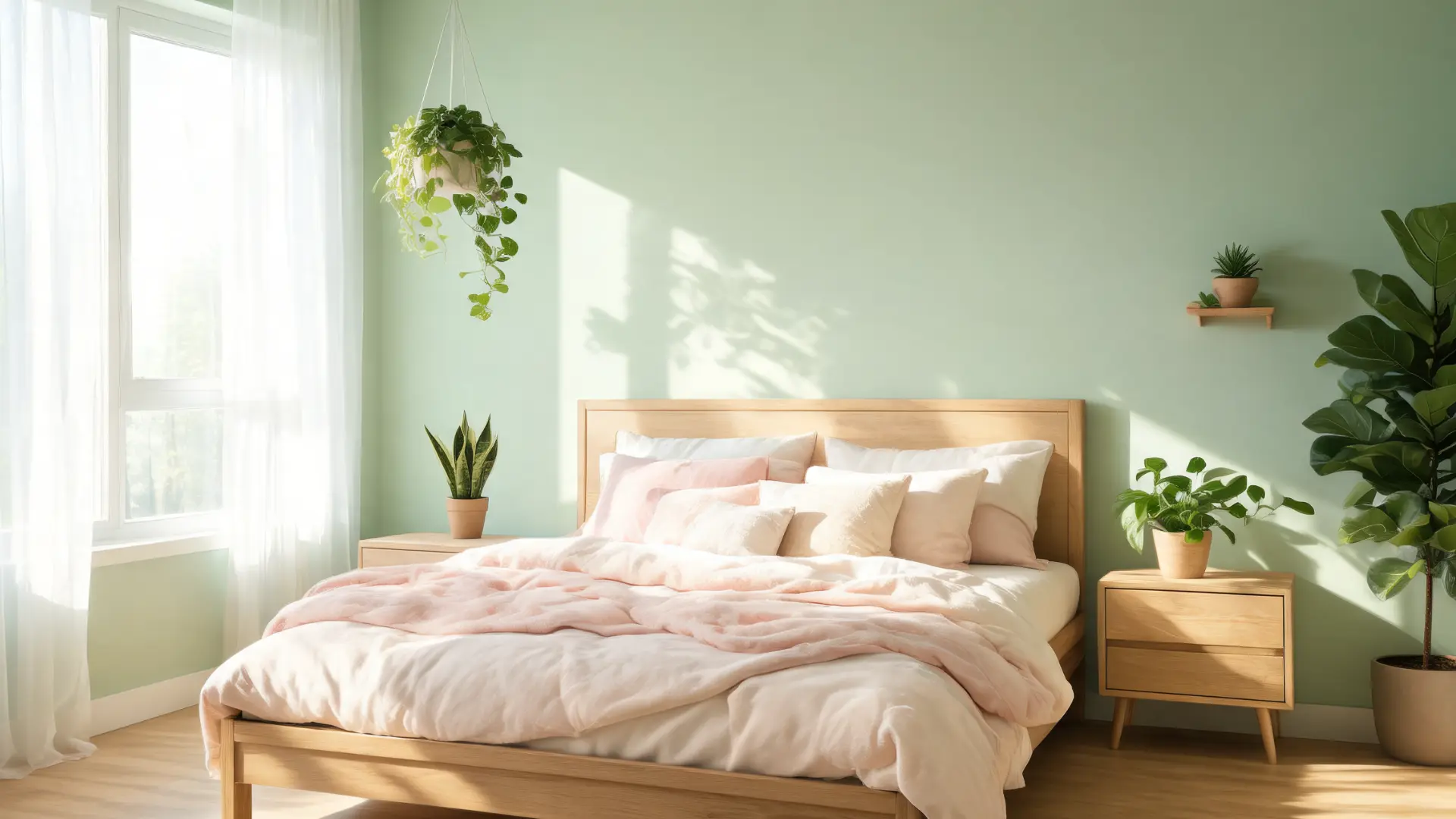 bedroom with green walls, cozy bedding, warm dimmable lighting, serene and balanced space
