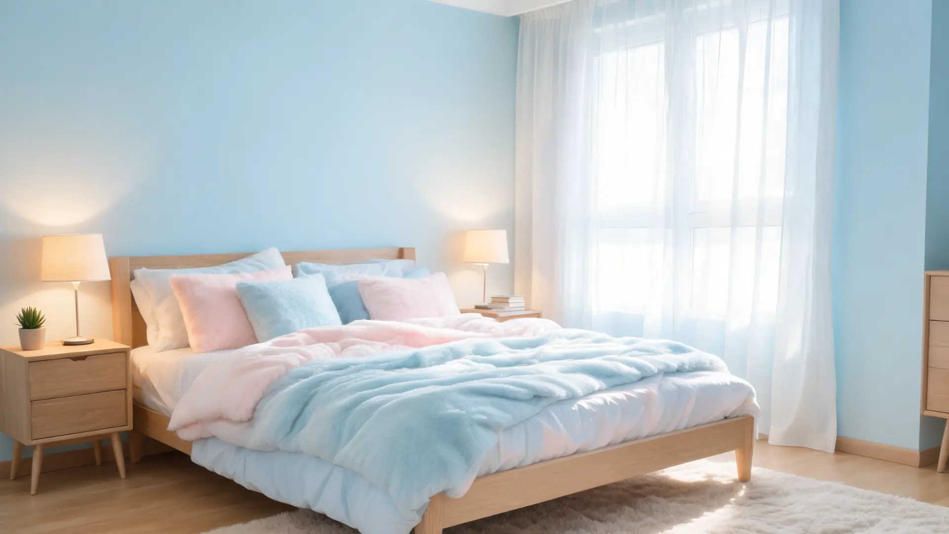 bedroom with light blue walls, cozy bedding, warm lighting, calm and peaceful sleep environment