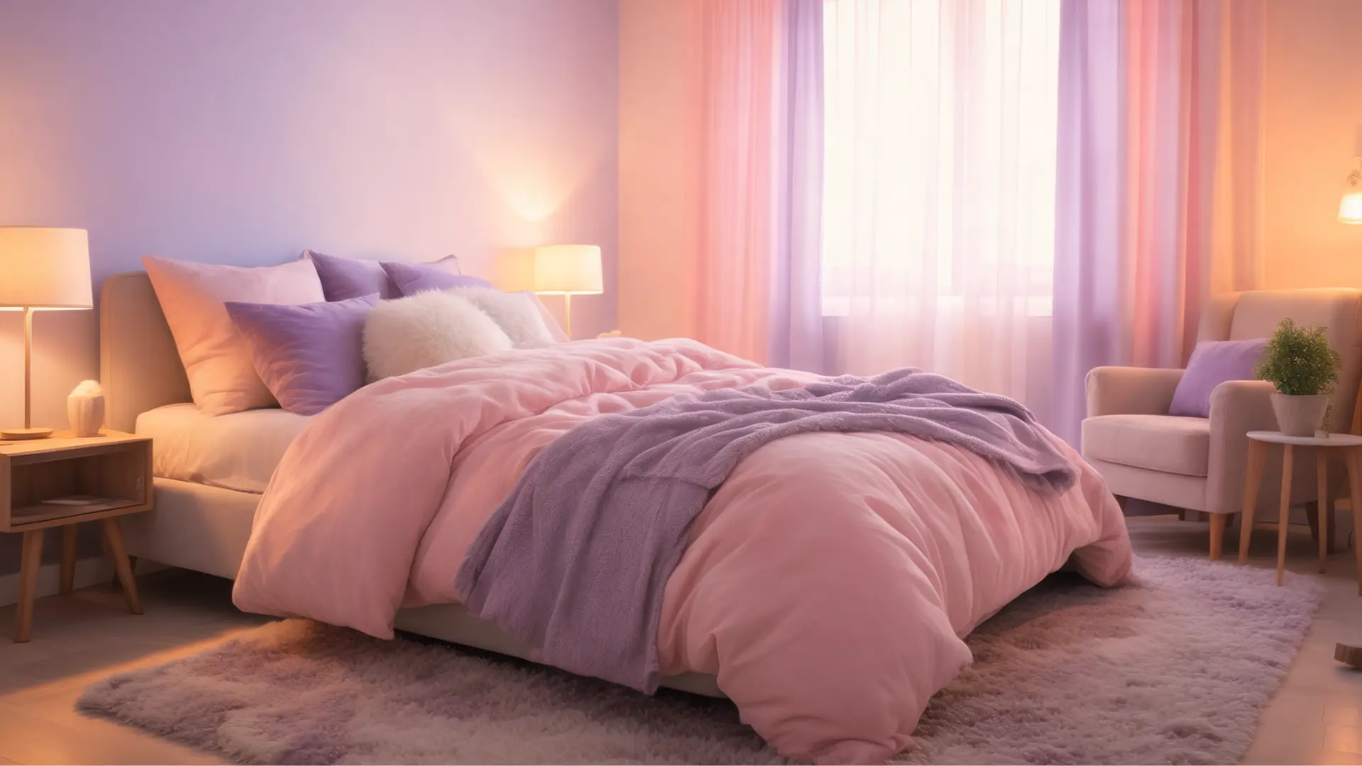 bedroom with pastel pink and lavender walls, soft textures, warm lighting, relaxing and cozy