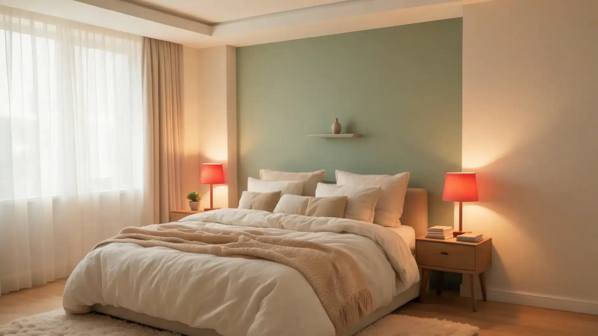 bedroom with pastel walls, accent wall, warm red and amber lights, soft bedding and rugs, calm sleep-friendly environment