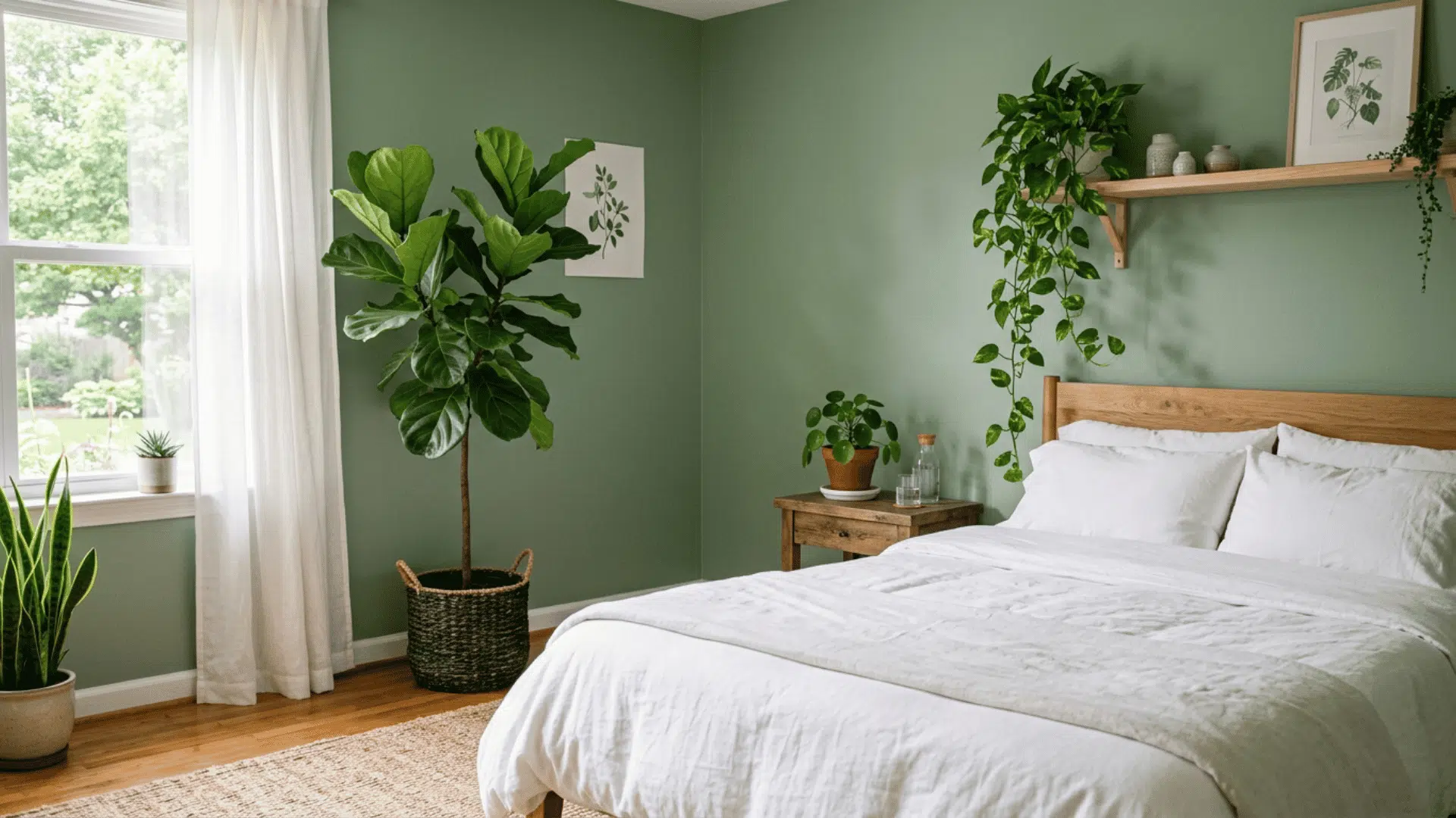 Sage green plant-filled bedroom with white bedding, wood furniture, and leafy houseplants.