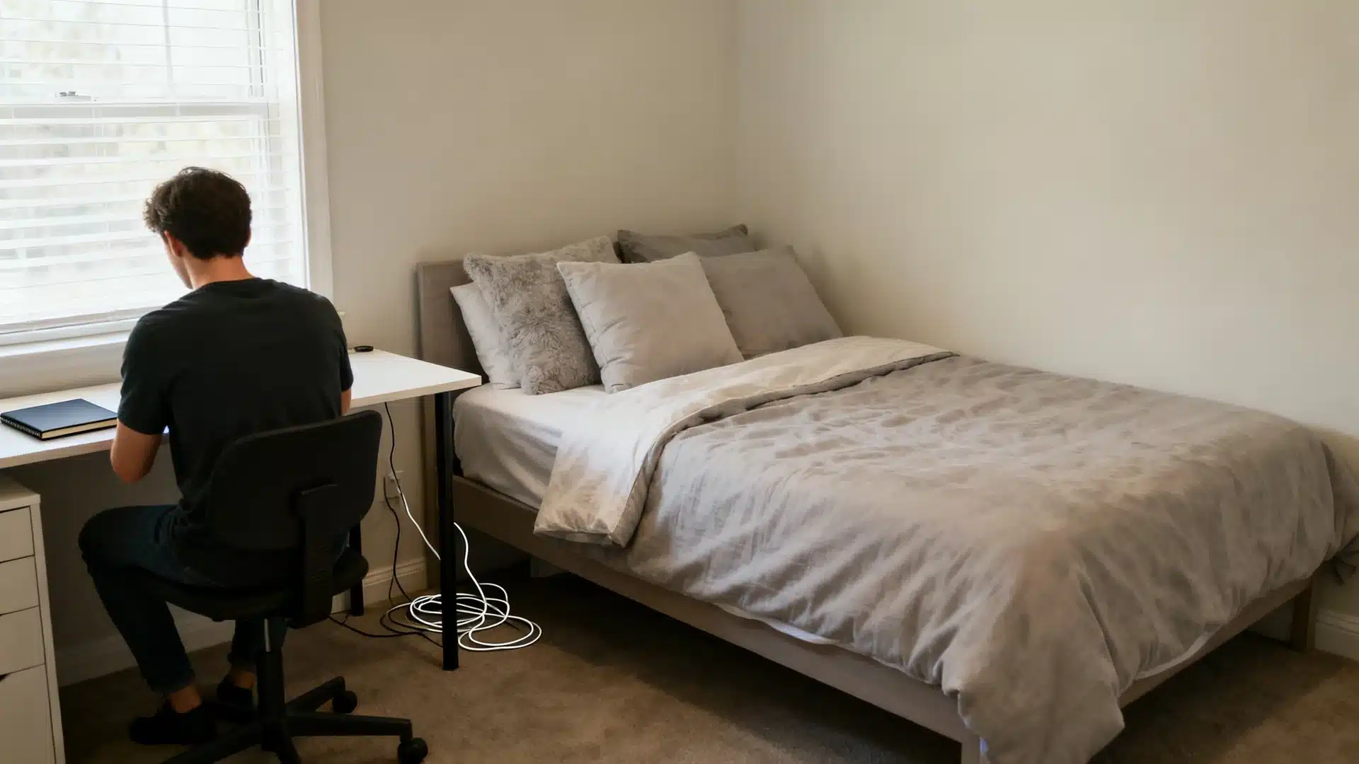 bedroom with separate desk zone near window calm bed area clear floor space and neat cords