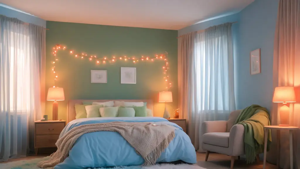 bedroom with soft walls, accent wall, warm red and amber lights, bedding and rugs, calm and relaxing sleep environment