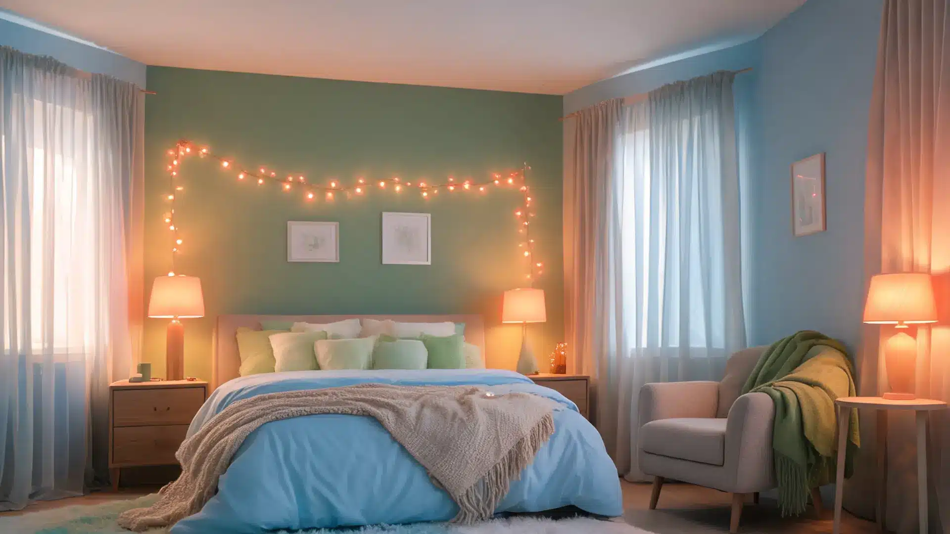 bedroom with soft walls, accent wall, warm red and amber lights, bedding and rugs, calm and relaxing sleep environment