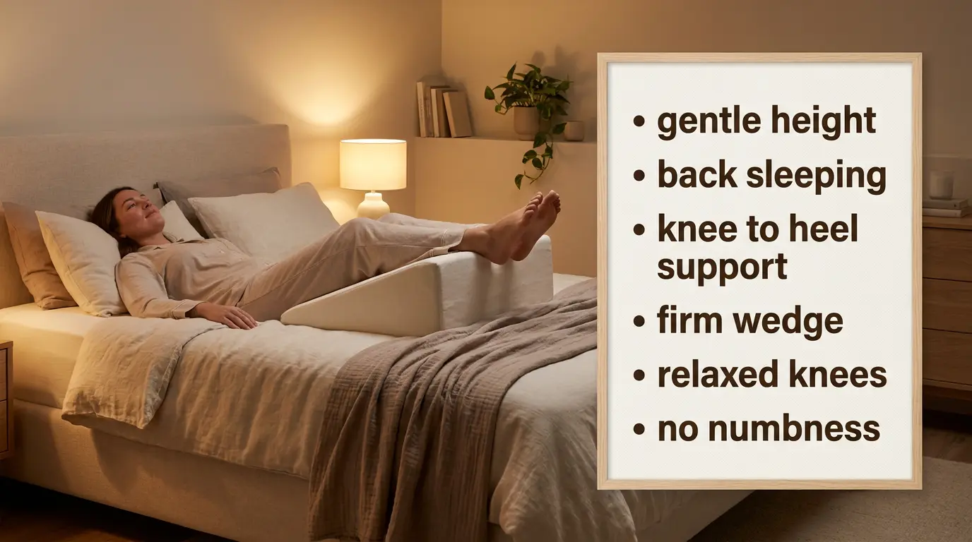 bedtime checklist infographic for safe leg elevation with wedge support and relaxed knee position