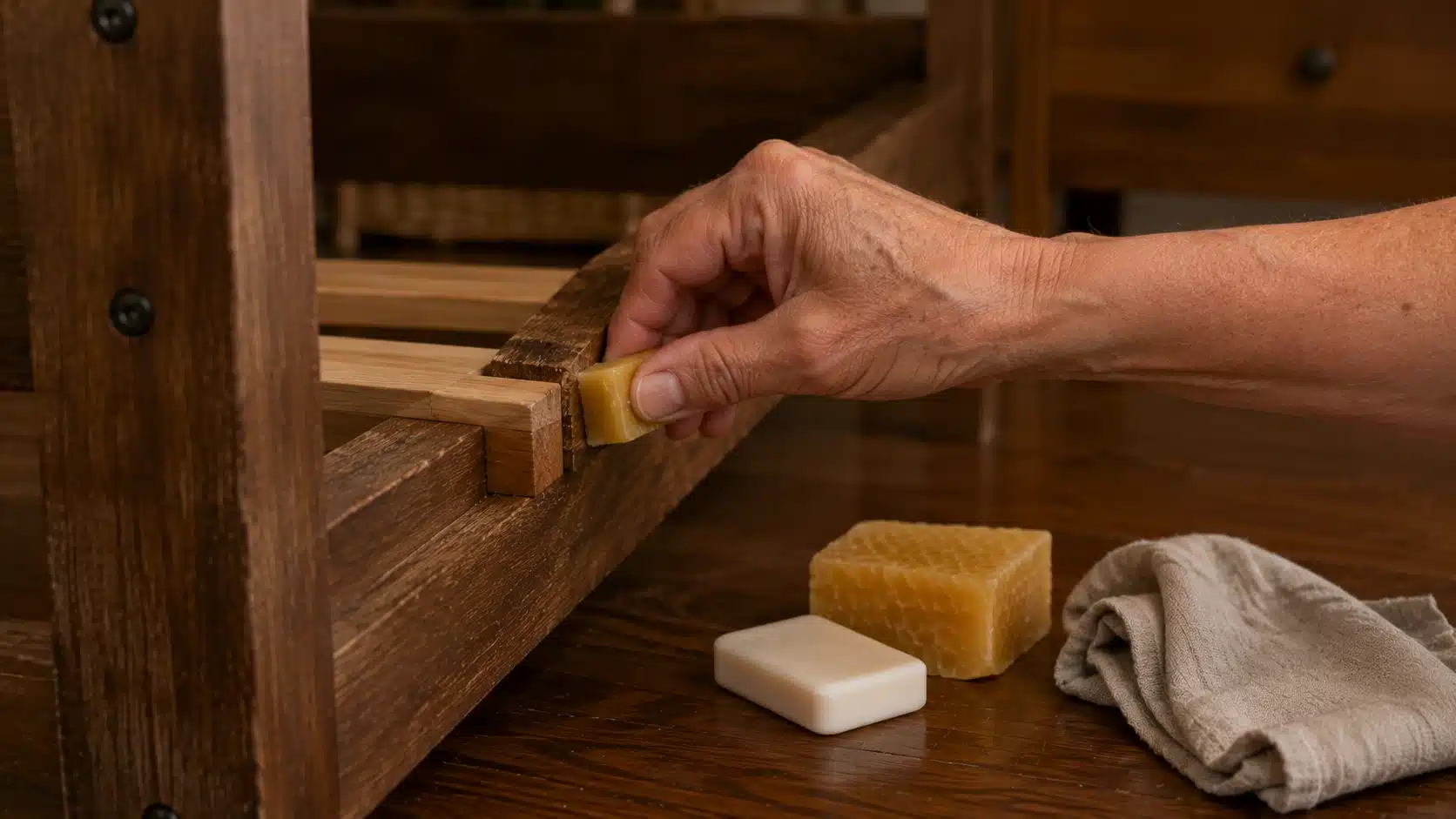 beeswax rubbed on wooden bed rail hooks and slat ends to quiet dry friction points