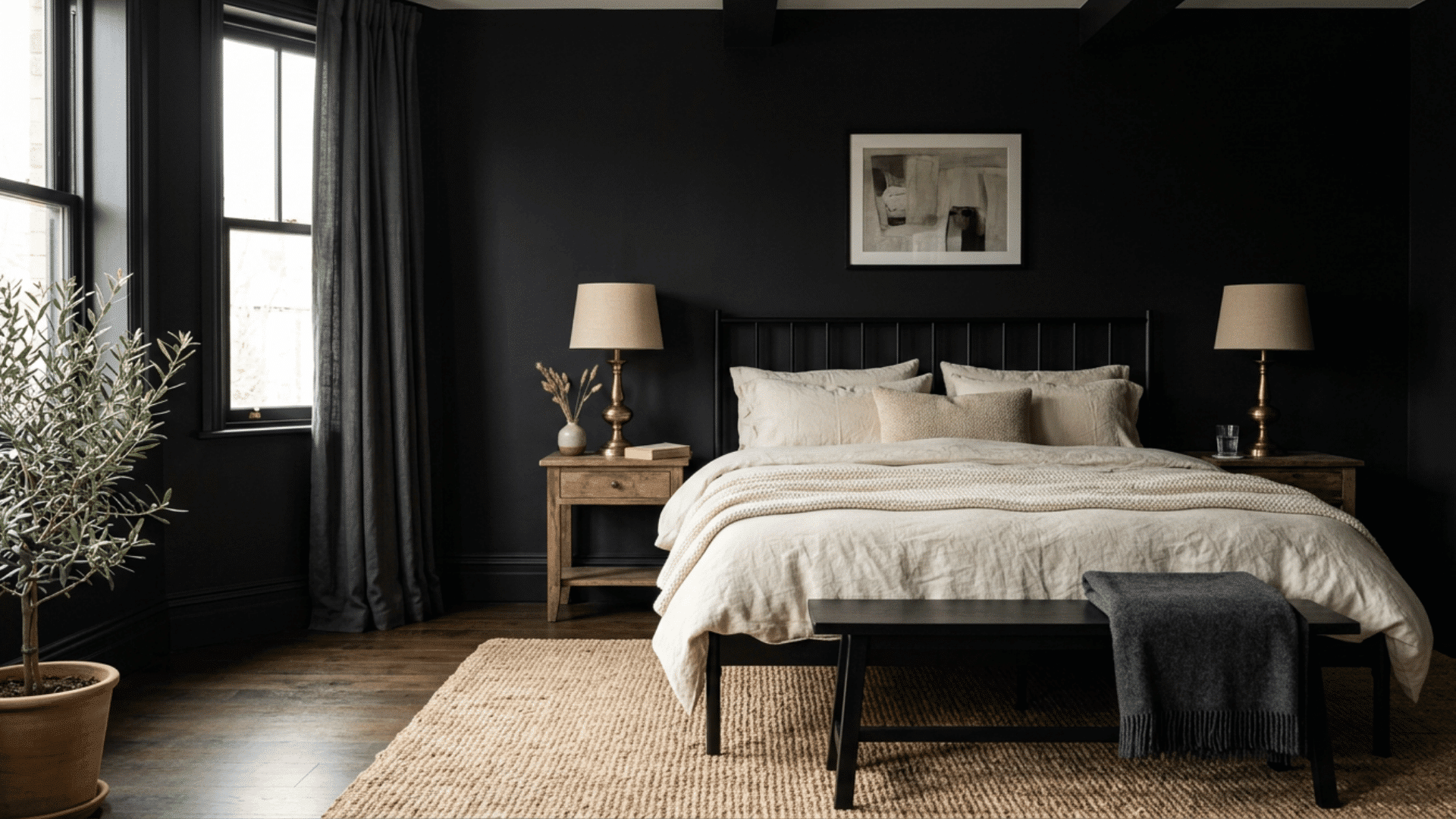Black and cream bedroom with wood nightstands