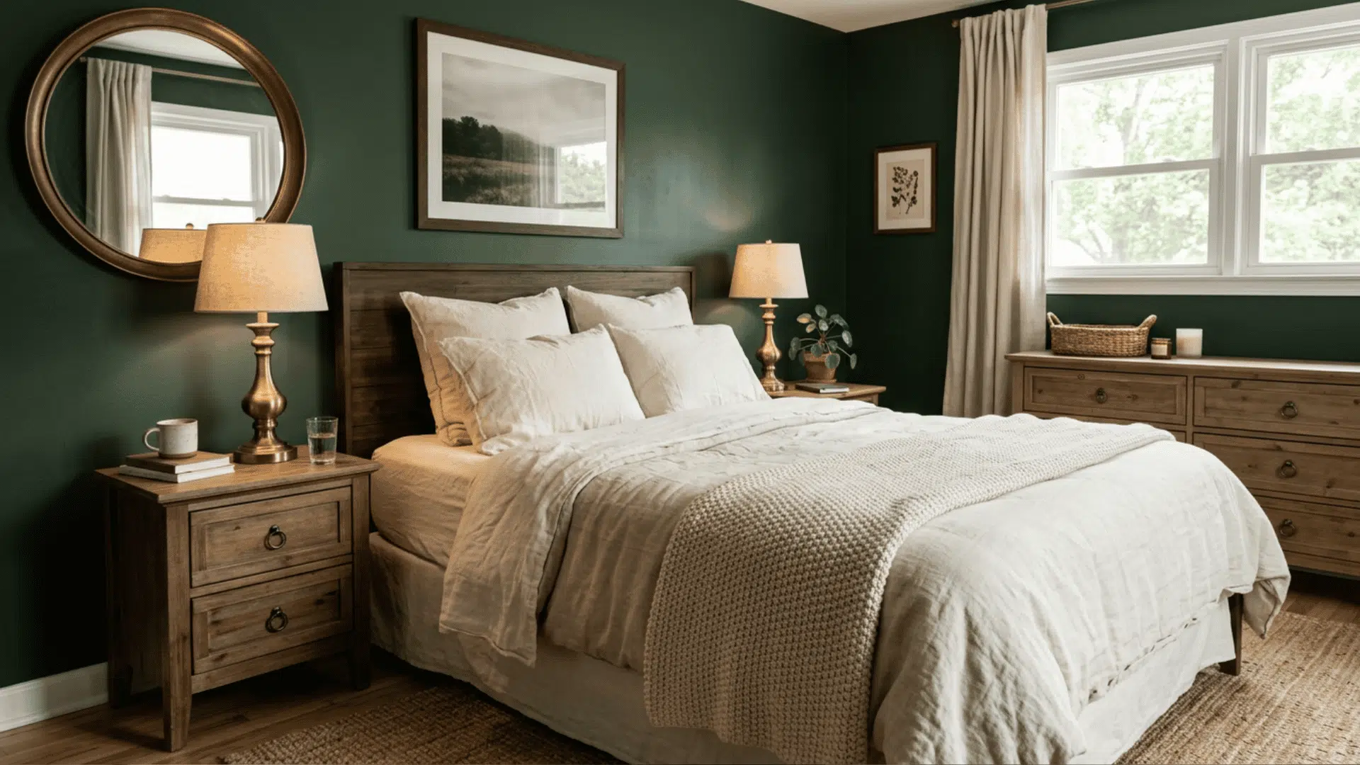 Brass accents in a dark green bedroom