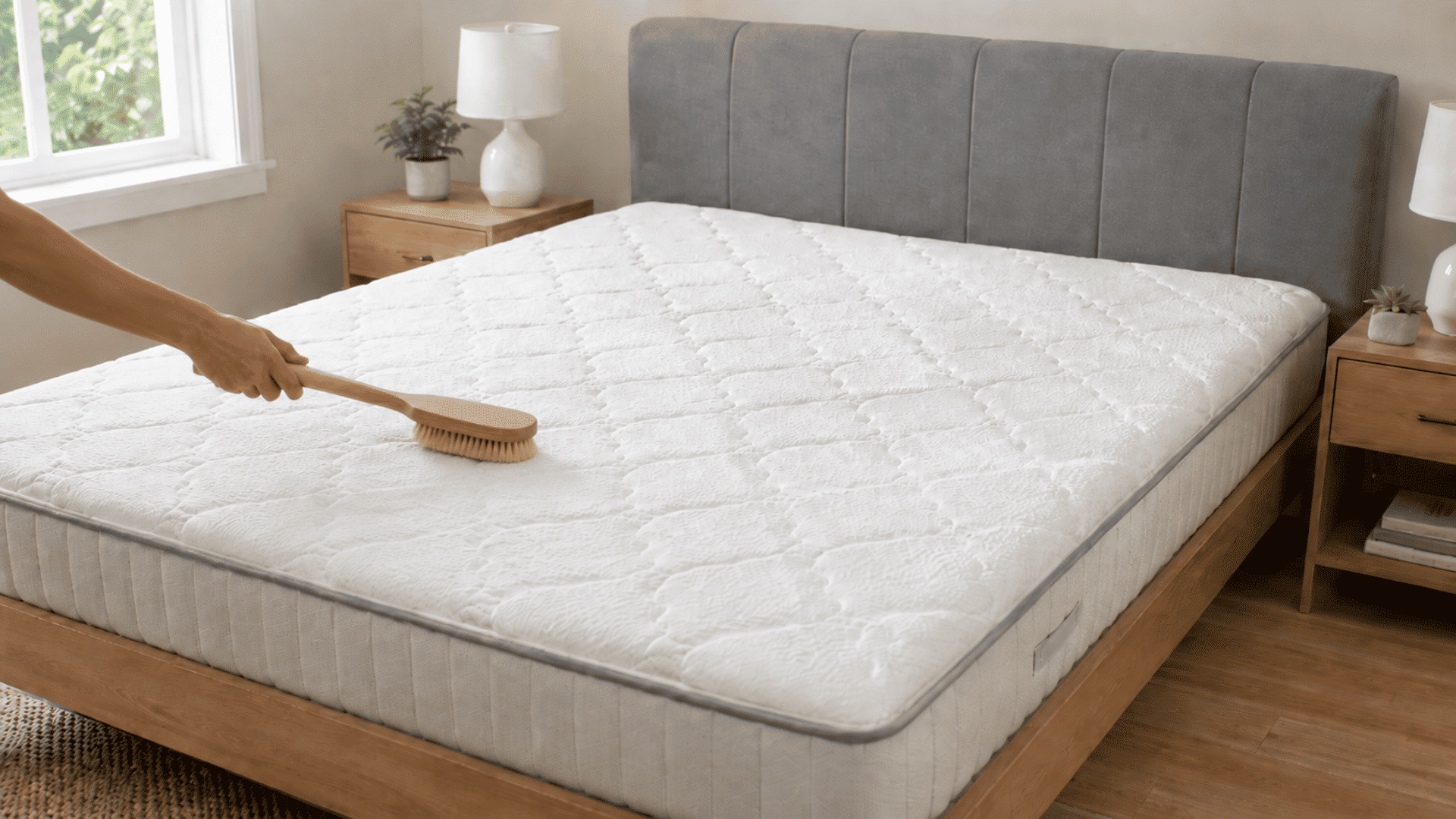 Soft brush spreading baking soda across a quilted mattress surface