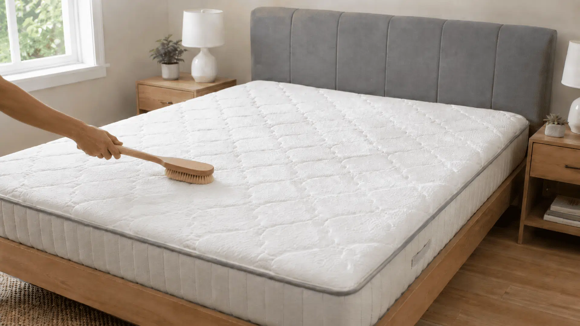Soft brush spreading baking soda across a quilted mattress surface