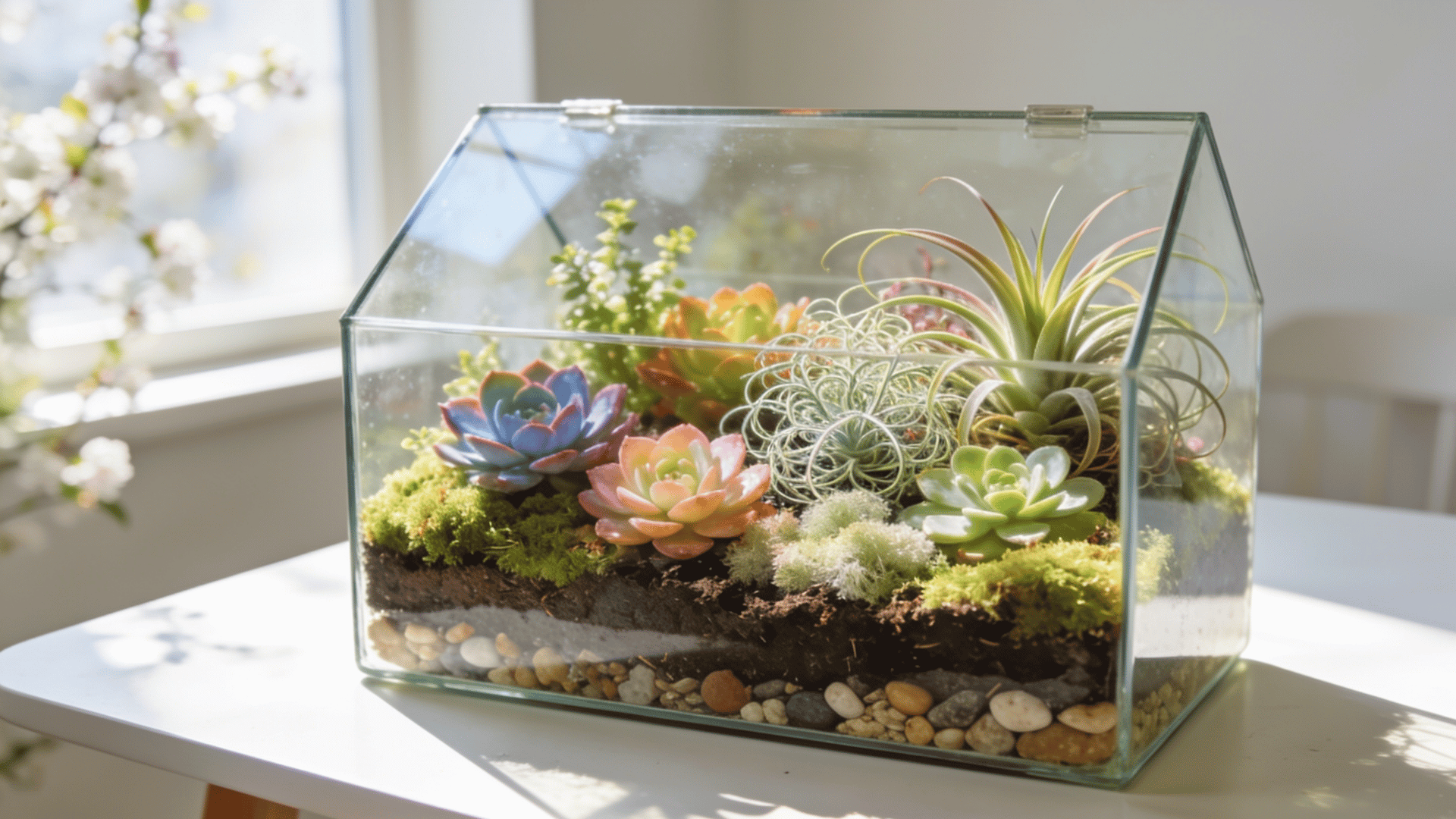 Glass terrarium filled with moss and small succulents
