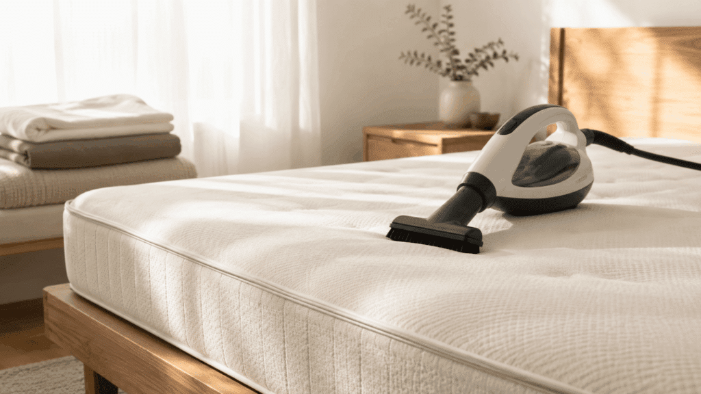 Steam cleaner resting on a mattress in a bright bedroom