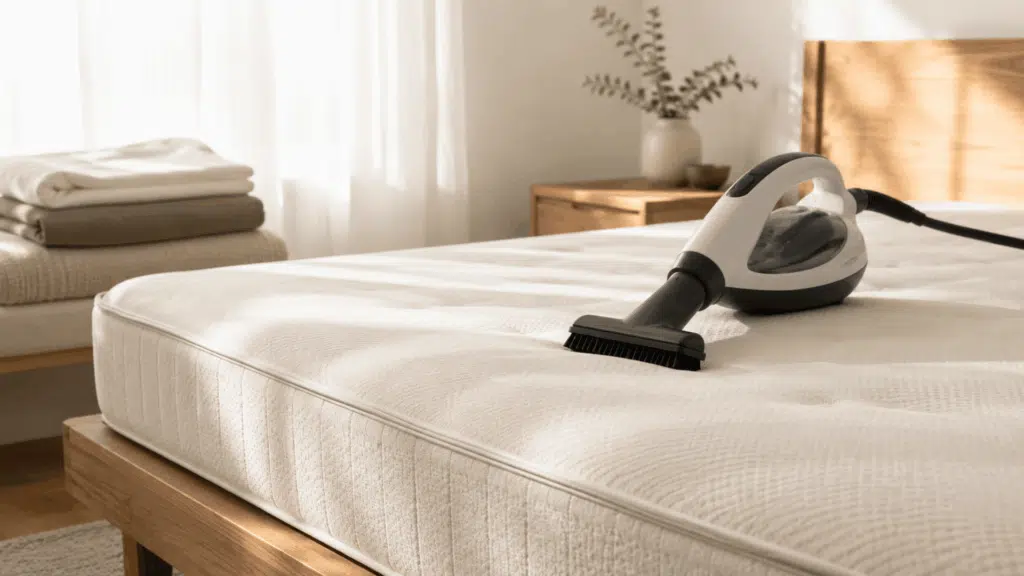 Steam cleaner resting on a mattress in a bright bedroom