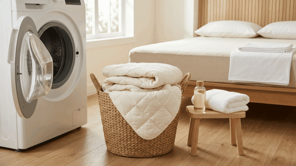 Quilted mattress protector beside an open washer in a bright laundry room.