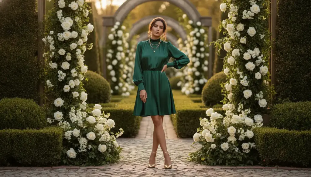 Woman in emerald dress standing in rose garden with stone pathway and greenery arches