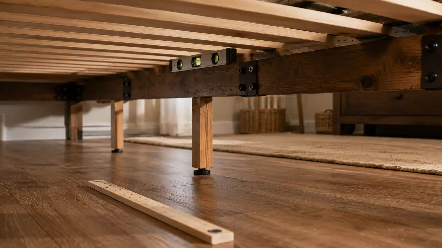 center support rail under a bed with straight support legs level tool and stable slats