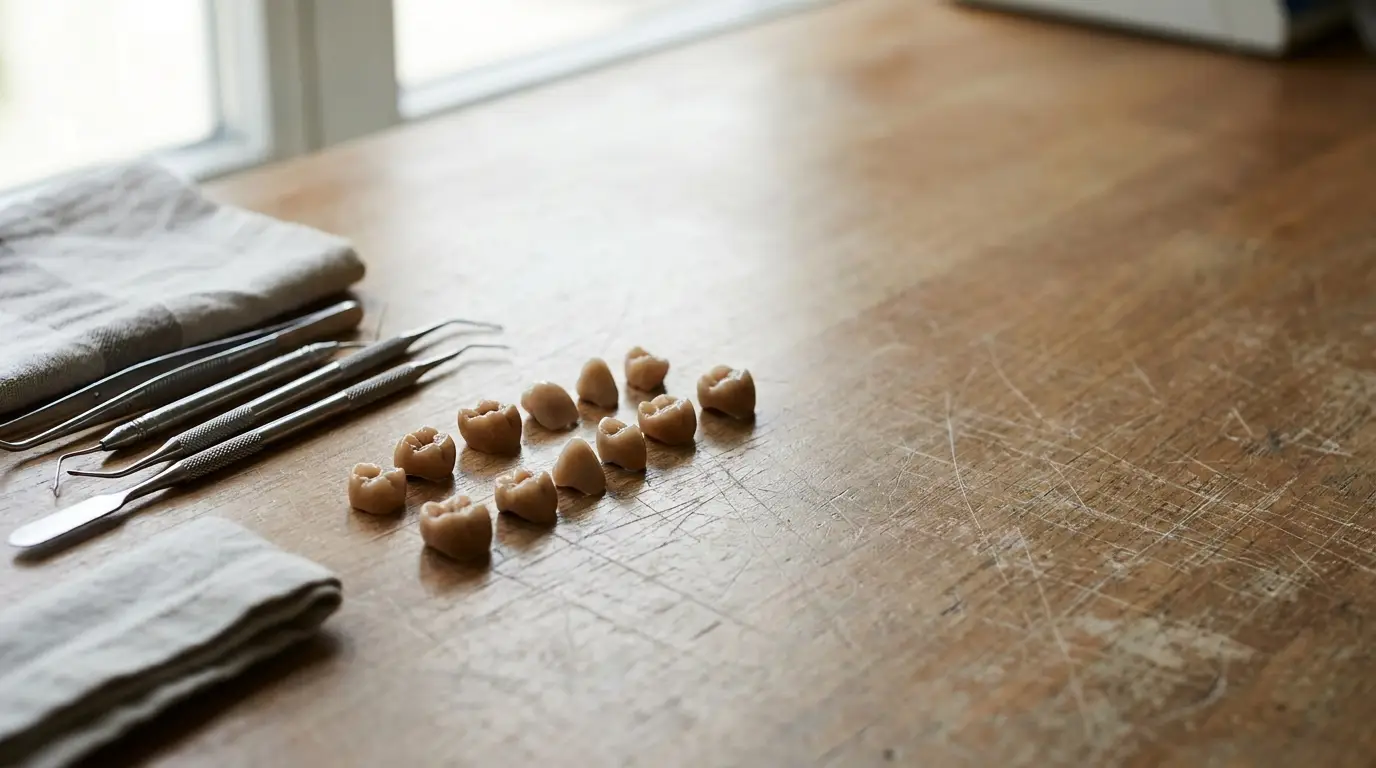 Dental tools and model teeth arranged on wooden table in natural light setting
