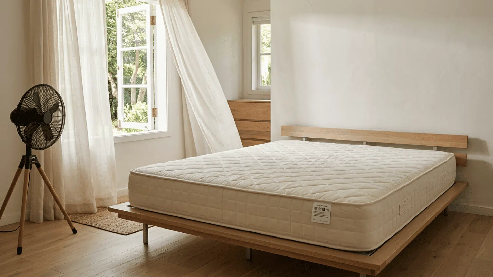 Bare mattress with care label visible before steam cleaning