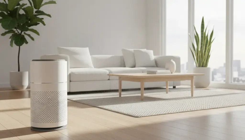 Modern air purifier in bright minimal living room with white sofa and wooden coffee table