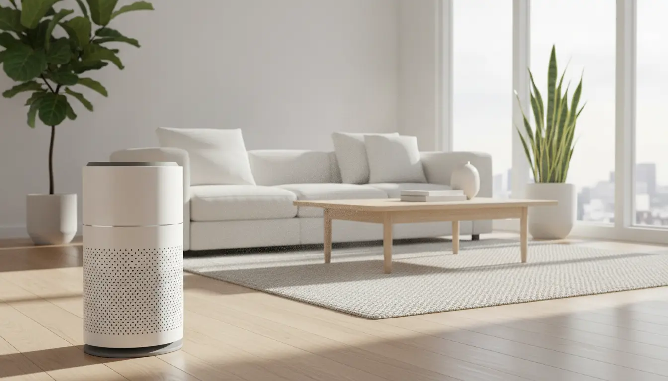 Modern air purifier in bright minimal living room with white sofa and wooden coffee table