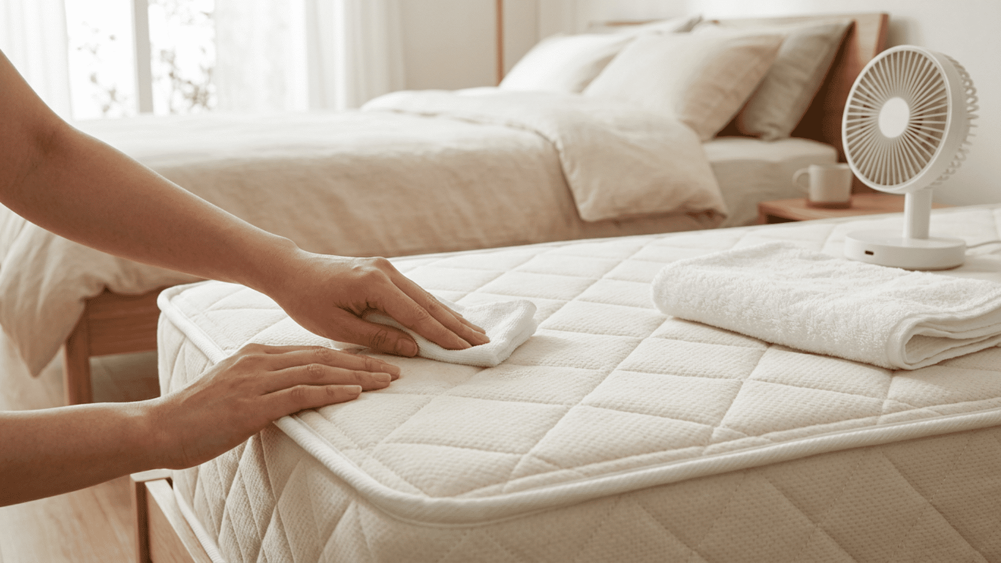 Hands spot-cleaning a non-removable mattress cover beside a drying fan.