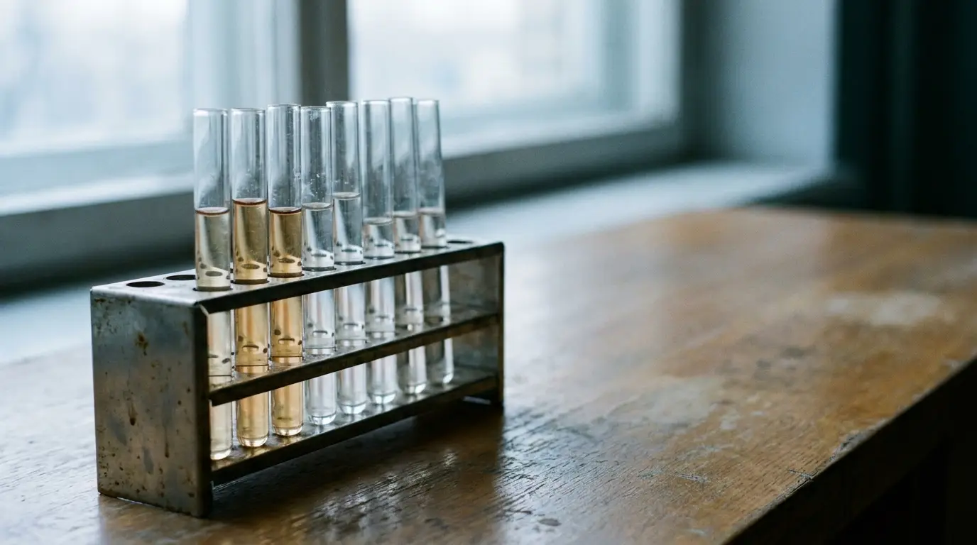 Test tubes with liquid in a metal rack on a wooden table