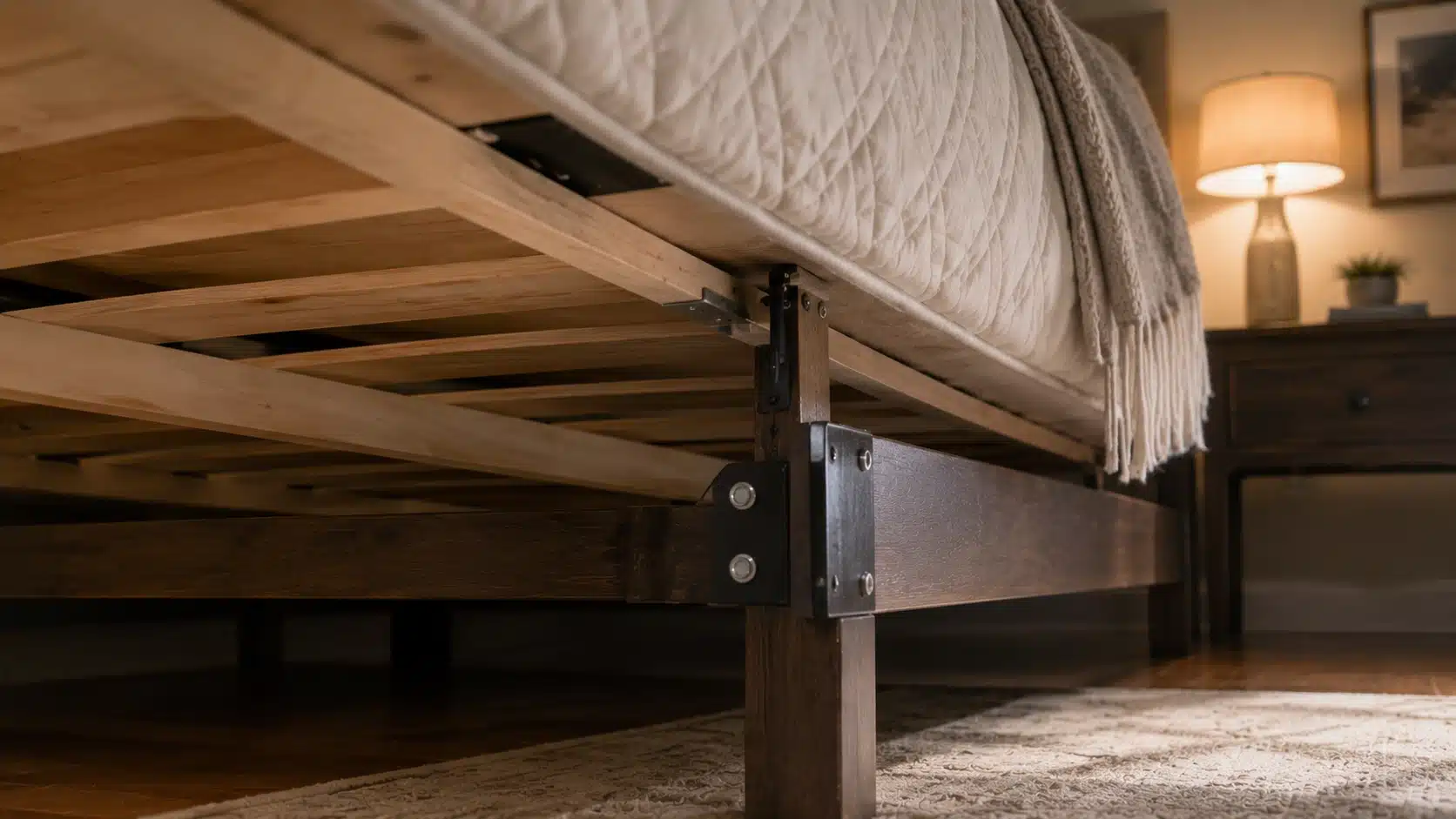 close view of bed frame joints and slats showing friction points that cause squeaks during sleep