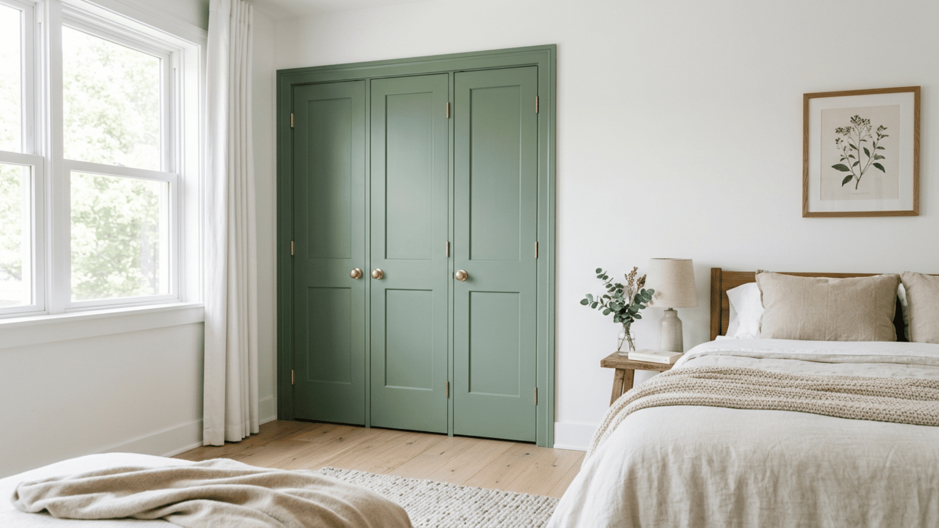 Bright bedroom with sage-green closet doors, neutral bedding, and warm wooden furnishings.