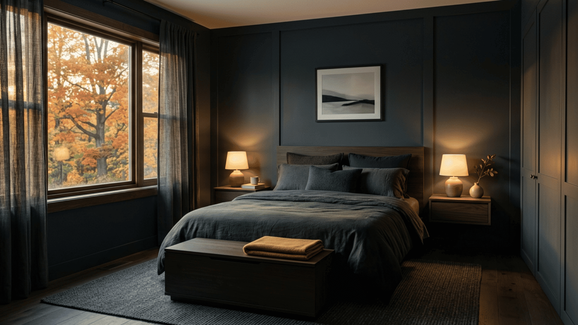 Clutter-free moody bedroom with soft daylight