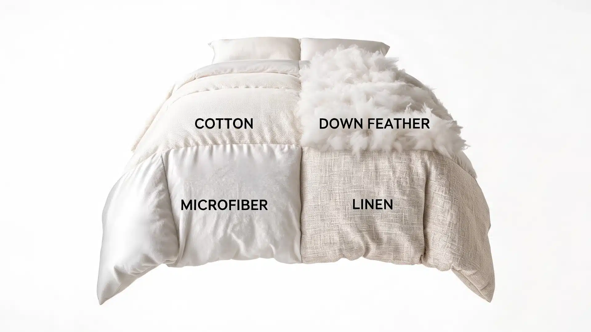 comforter material comparison showing cotton, down feather, microfiber, and linen sections on a white bed.