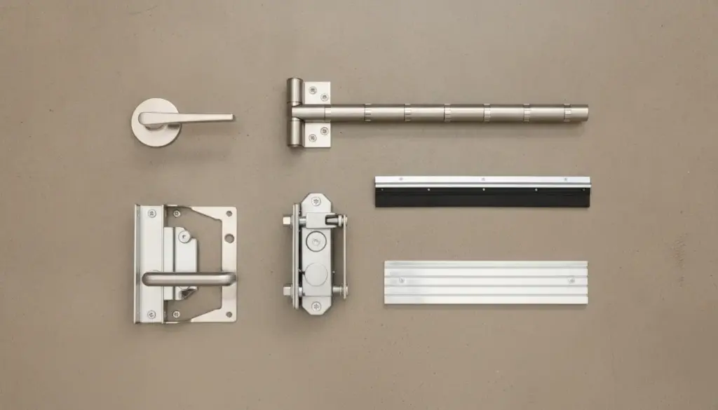 Assorted stainless steel door hardware components arranged on beige surface
