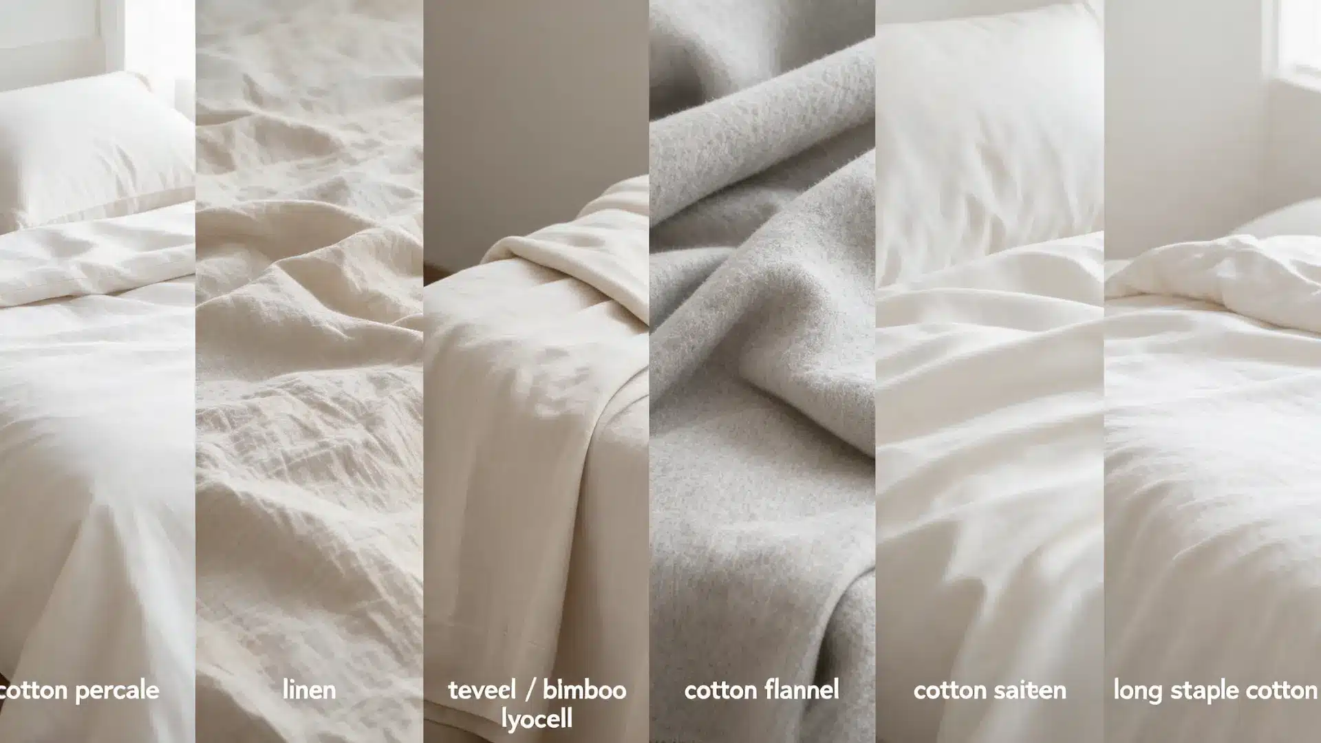 comparison collage of cotton percale linen tencel or bamboo lyocell cotton flannel cotton sateen and long staple cotton