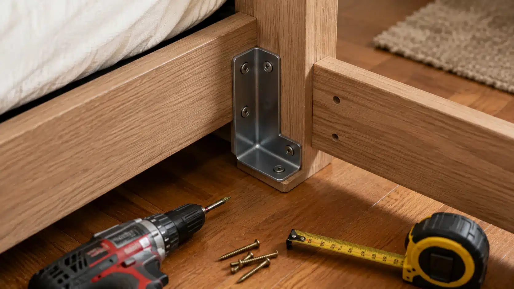 corner brace installed inside a wooden bed frame to reduce side rail movement and squeaks