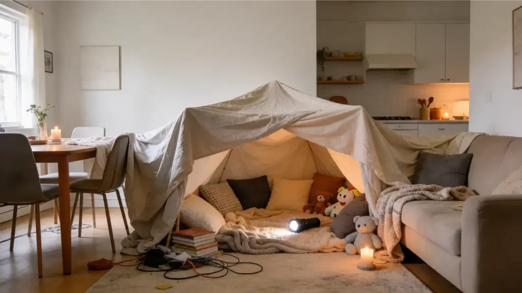 cozy blanket fort built with sheets and pillows in a living room for indoor family fun at home (1)