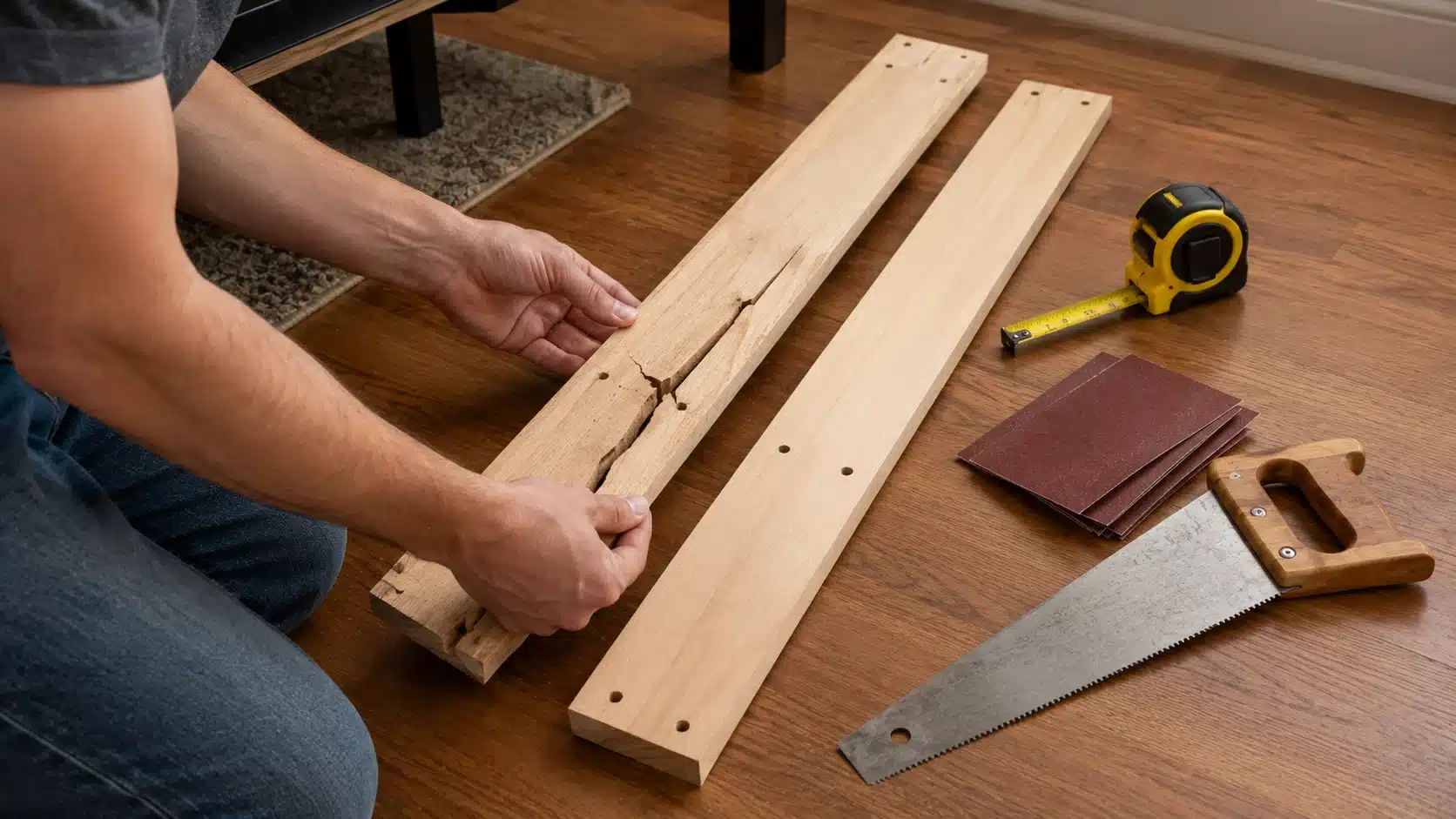 cracked wooden bed slat beside a matching replacement board sandpaper and measuring tape