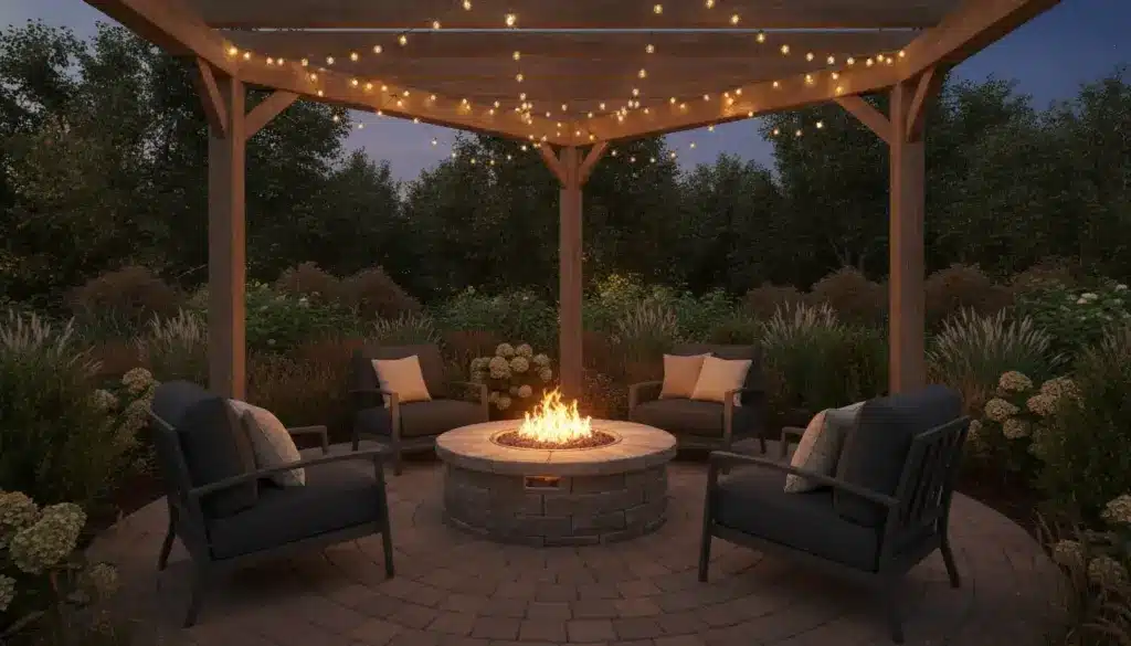 Outdoor patio with round fire pit under pergola, surrounded by dark wicker chairs and string lights