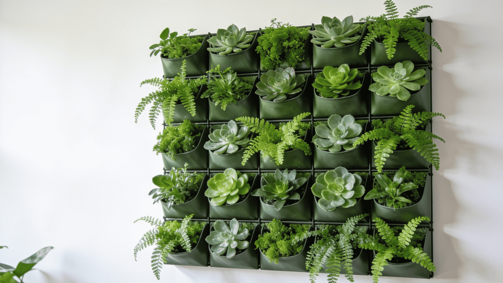 Mounted wall planters filled with ferns and succulents