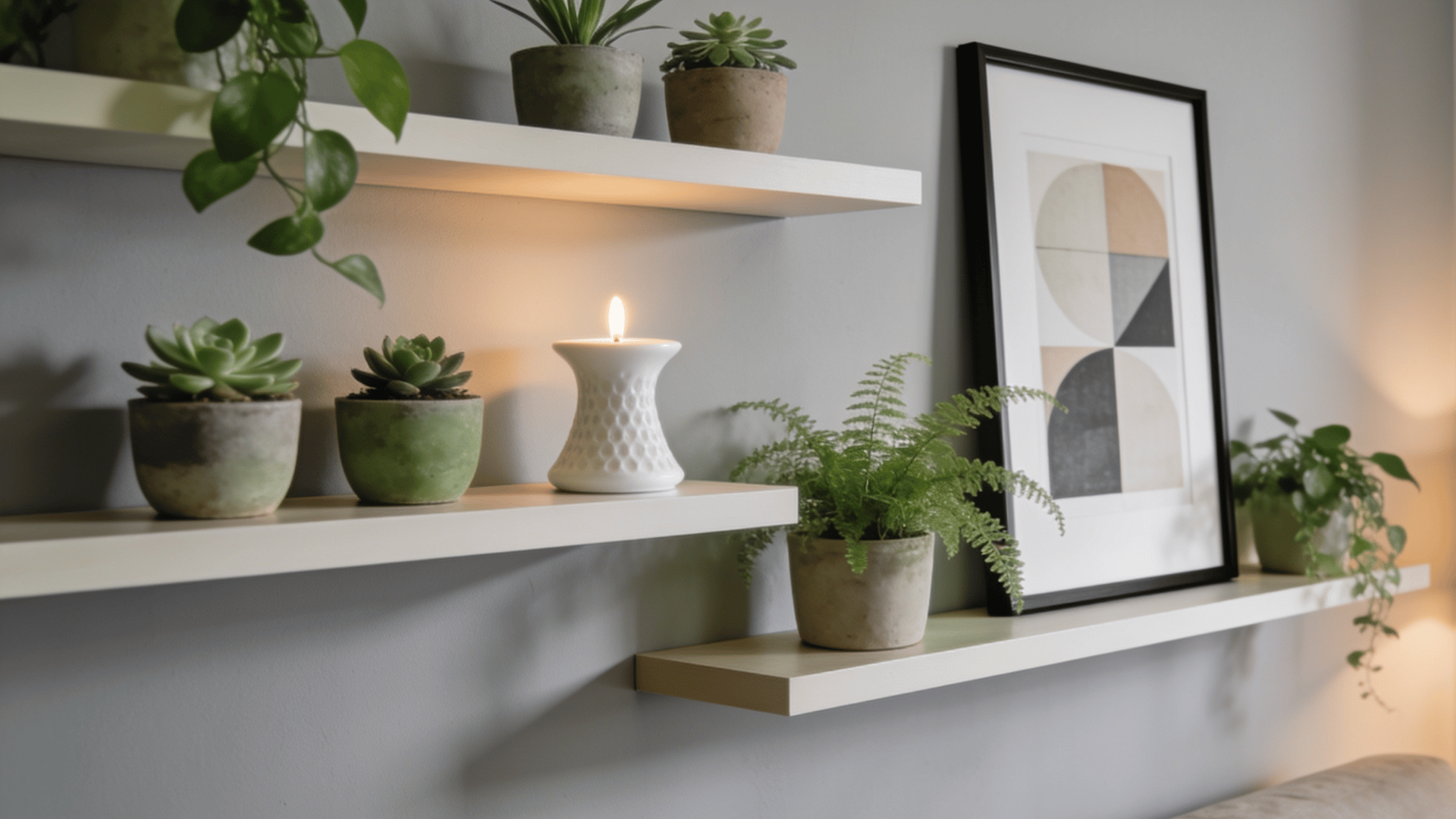 Floating wall shelves filled with mixed indoor plants
